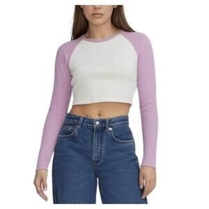 FULL TILT Ribbed Raglan Crop Top Long sleeve White Purple Crewneck S Casual